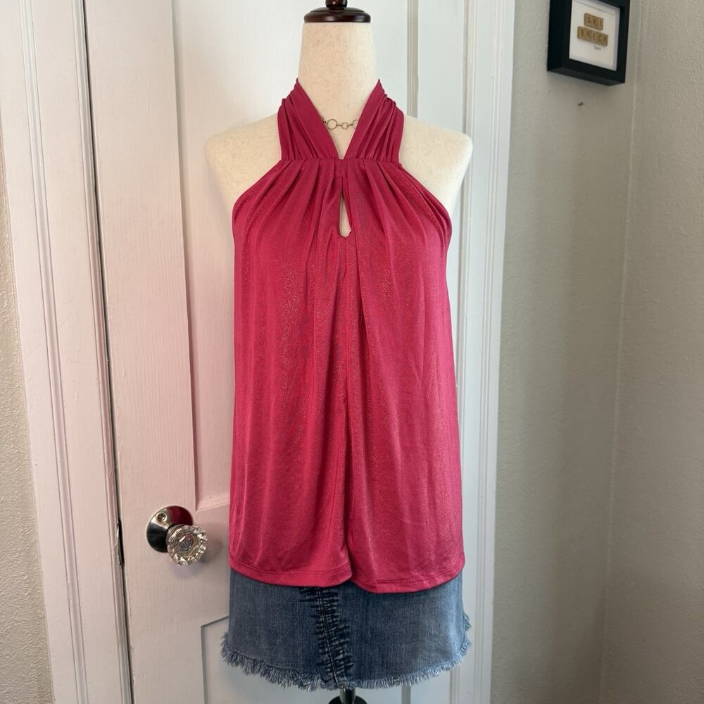 Vintage Y2K Jennifer Lopez JLo Shimmer Hot Pink Club Party Halter Tank Top Wms S